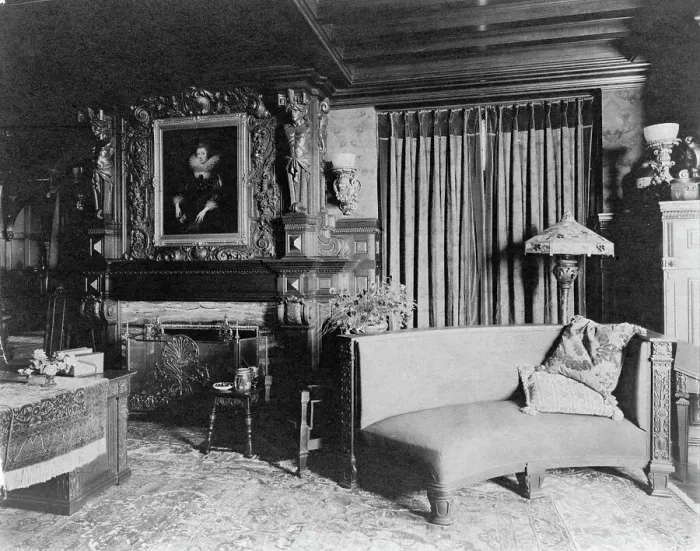 Framed Print : Study with portrait of woman in Elizabethan dress, over fireplace... Greenwich, Connecticut, 1908. Creator: Frances Benjamin Johnston Framed Print : Study with portrait of woman in Elizabethan dress, over fireplace... Greenwich, Connecticut, 1908. Creator: Frances Benjamin Johnston
