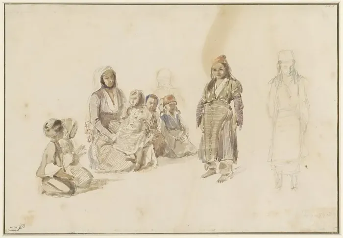 Framed Print : Study sheet with seated woman and children, at Derekoy in Turkey, 1814-1860. Creator: Auguste Raffet Framed Print : Study sheet with seated woman and children, at Derekoy in Turkey, 1814-1860. Creator: Auguste Raffet
