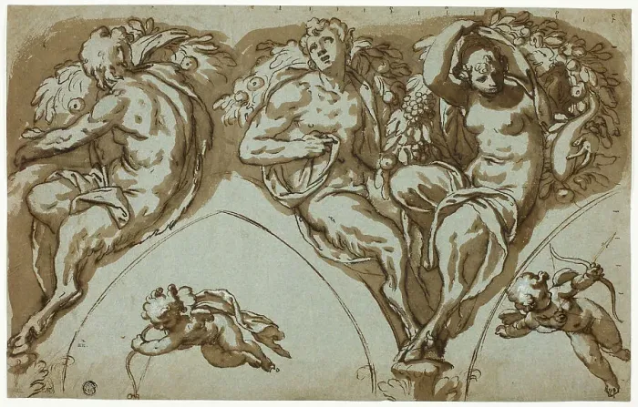 Framed Print : Study for Spandrel Decoration with Satyress, Satyrs, and Putti (r); Head of Putto (v), c.1588. Creator: Paolo Farinati Framed Print : Study for Spandrel Decoration with Satyress, Satyrs, and Putti (r); Head of Putto (v), c.1588. Creator: Paolo Farinati