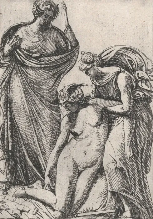 Framed Print : Study supporting the fainting personification of Sculpture; standing next to them, Fran Framed Print : Study supporting the fainting personification of Sculpture; standing next to them, Fran