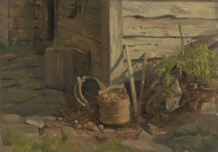 Framed Print : Study of a Treebucket with Potatoes, 1860. Creator: Anders Monsen Askevold Framed Print : Study of a Treebucket with Potatoes, 1860. Creator: Anders Monsen Askevold