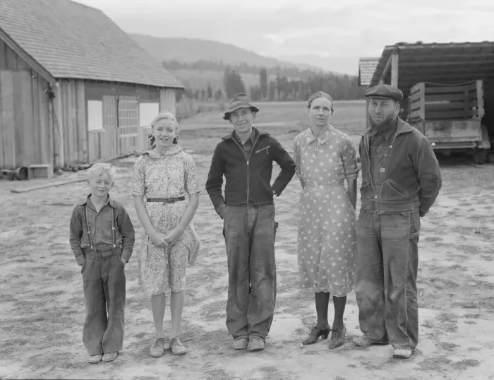 Framed Print : Stump farm family and their present home, Boundary County, Idaho, 1939. Creator: Dorothea Lange Framed Print : Stump farm family and their present home, Boundary County, Idaho, 1939. Creator: Dorothea Lange
