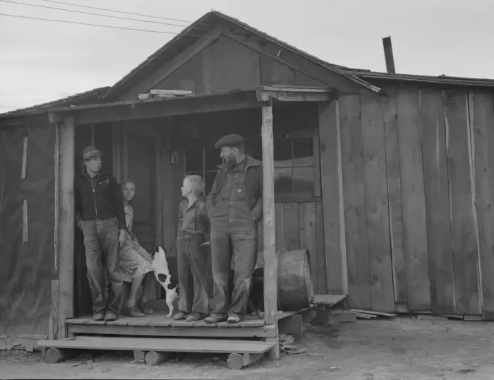 Framed Print : Stump farm family and their present home, Boundary County, Idaho, 1939. Creator: Dorothea Lange Framed Print : Stump farm family and their present home, Boundary County, Idaho, 1939. Creator: Dorothea Lange