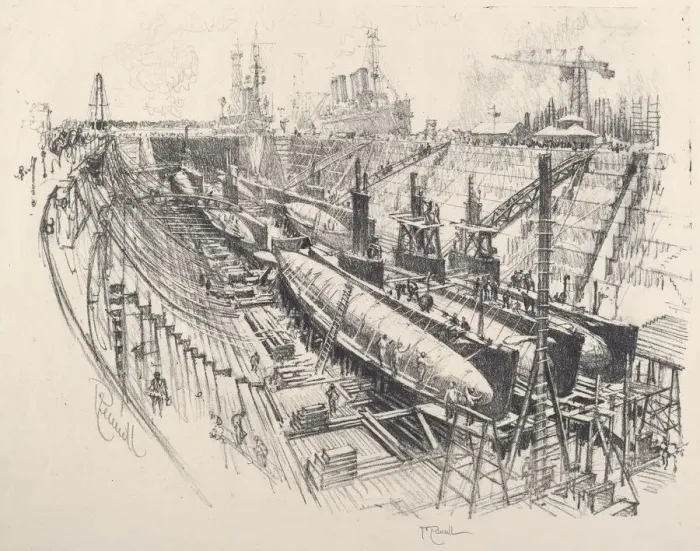 Framed Print : Submarines in Dry Dock, 1917. Creator: Joseph Pennell Framed Print : Submarines in Dry Dock, 1917. Creator: Joseph Pennell