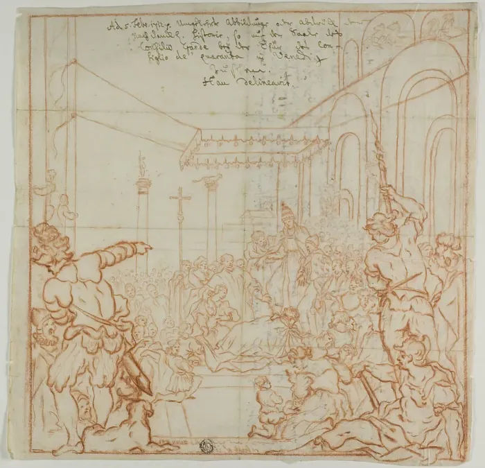 Framed Print : Submission of the Emperor Frederick Barbarossa to Pope Alexander III, 1712. Creator: Hieronymus Hau Framed Print : Submission of the Emperor Frederick Barbarossa to Pope Alexander III, 1712. Creator: Hieronymus Hau