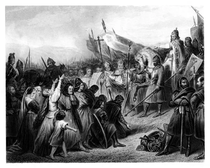 Framed Print : The Submission of Witikind, 785 AD, (1875). Artist: Hullard Framed Print : The Submission of Witikind, 785 AD, (1875). Artist: Hullard
