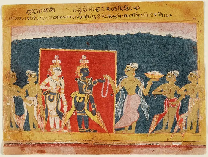 Framed Print : Sudama Offers a Garland to Krishna, Folio from a Bhagavata Purana... between 1550 and 1575. Creator: Unknown Framed Print : Sudama Offers a Garland to Krishna, Folio from a Bhagavata Purana... between 1550 and 1575. Creator: Unknown