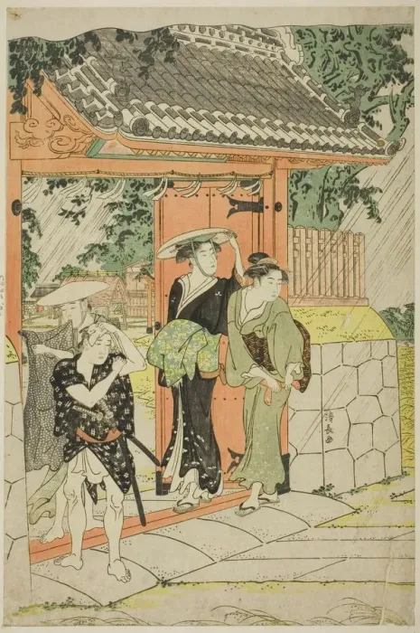 Framed Print : Sudden Shower at Mimeguri Shrine, c. 1787. Creator: Torii Kiyonaga Framed Print : Sudden Shower at Mimeguri Shrine, c. 1787. Creator: Torii Kiyonaga
