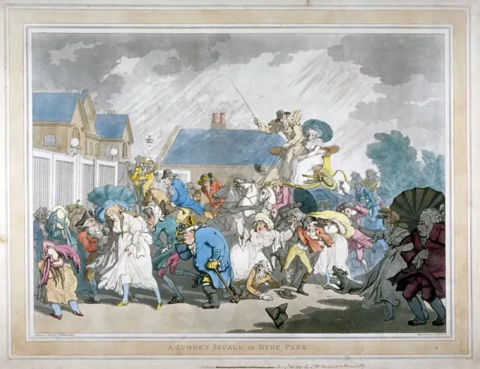 Framed Print : A Sudden Squall in Hyde Park, London, 1791. Artist: Thomas Rowlandson Framed Print : A Sudden Squall in Hyde Park, London, 1791. Artist: Thomas Rowlandson