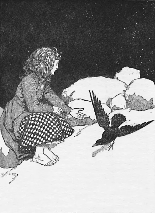 Framed Print : Suddenly a Large Raven Hopped Upon the Snow in front of her, c1930. Artist: W Heath Robinson Framed Print : Suddenly a Large Raven Hopped Upon the Snow in front of her, c1930. Artist: W Heath Robinson