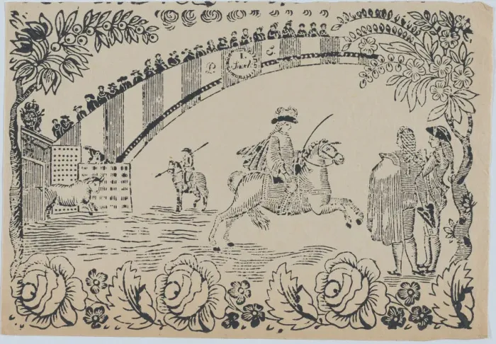 Framed Print : Suerte I: Bull entering the bullring after a law officer on horseback; two toreros... ca. 1850-80. Creator: Anon Framed Print : Suerte I: Bull entering the bullring after a law officer on horseback; two toreros... ca. 1850-80. Creator: Anon