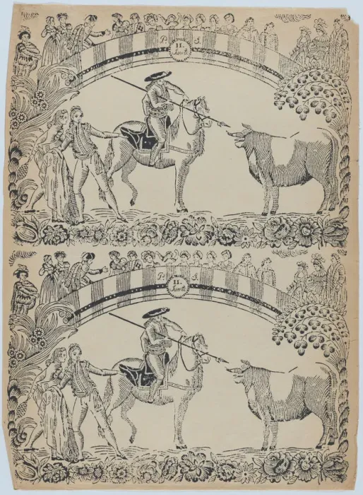 Framed Print : Suerte II: Picador on horseback about to stab a bull with a pique; two toreros behi... ca. 1850-80. Creator: Anon Framed Print : Suerte II: Picador on horseback about to stab a bull with a pique; two toreros behi... ca. 1850-80. Creator: Anon