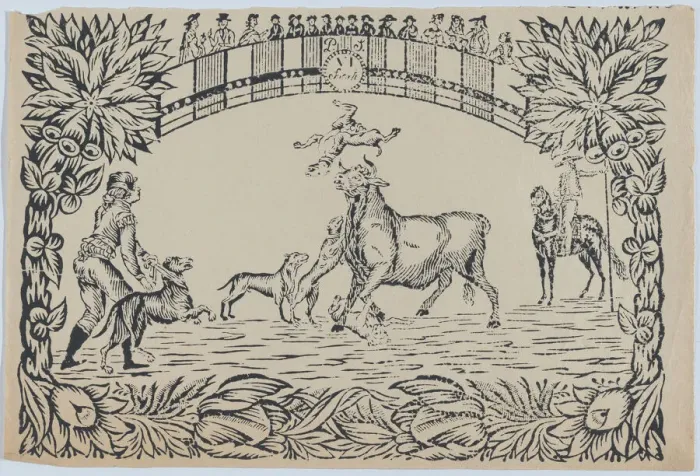 Framed Print : Suerte VI: The toreros assistant sets dogs on the bull, ca. 1850-80. ca. 1850-80. Creator: Anon Framed Print : Suerte VI: The toreros assistant sets dogs on the bull, ca. 1850-80. ca. 1850-80. Creator: Anon