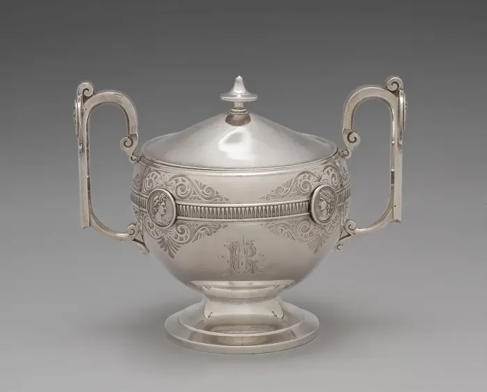 Framed Print : Sugar bowl with lid for the Medallion pattern tea and coffee service, 1864-1867. Creators: George Wilkinson, Gorham Manufacturing Company, J.E. Caldwell & Co Framed Print : Sugar bowl with lid for the Medallion pattern tea and coffee service, 1864-1867. Creators: George Wilkinson, Gorham Manufacturing Company, J.E. Caldwell & Co