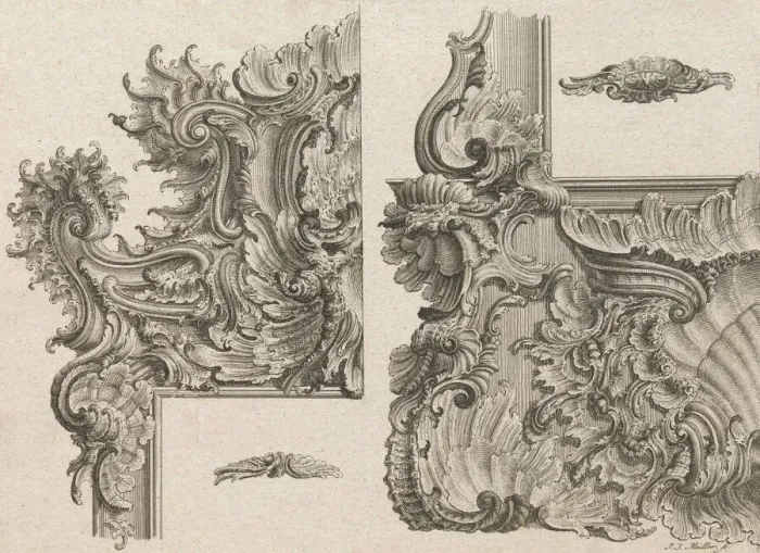 Framed Print : Suggestions for the Decoration of Frames, Plate 3 from AuBzierungen zu Thü... Printed ca. 1750-56. Creator: Johann Sebastian Muller Framed Print : Suggestions for the Decoration of Frames, Plate 3 from AuBzierungen zu Thü... Printed ca. 1750-56. Creator: Johann Sebastian Muller