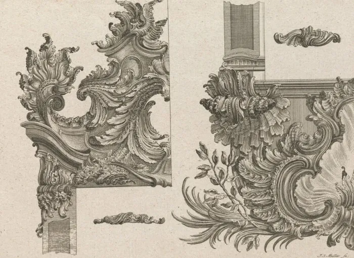 Framed Print : Suggestions for the Decoration of Frames, Plate 4 from AuBzierungen zu Thü... Printed ca. 1750-56. Creator: Johann Sebastian Muller Framed Print : Suggestions for the Decoration of Frames, Plate 4 from AuBzierungen zu Thü... Printed ca. 1750-56. Creator: Johann Sebastian Muller