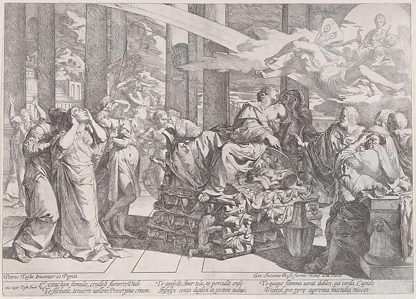 The suicide of Dido who reclines on a pyre in centre, surrounded by many figures, 1650-55