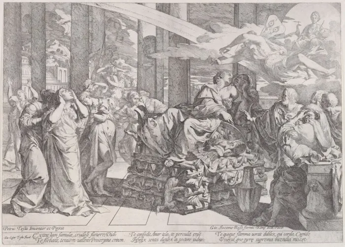 Framed Print : The suicide of Dido who reclines on a pyre in centre, surrounded by many figures, 1650-55 Framed Print : The suicide of Dido who reclines on a pyre in centre, surrounded by many figures, 1650-55