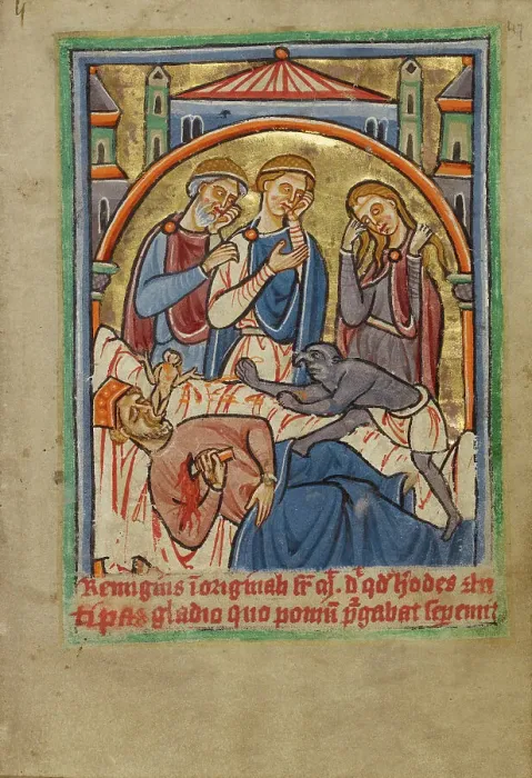 Framed Print : The Suicide of Herod, about 1190-1200; text added about 1480-1490. Creator: Unknown Framed Print : The Suicide of Herod, about 1190-1200; text added about 1480-1490. Creator: Unknown