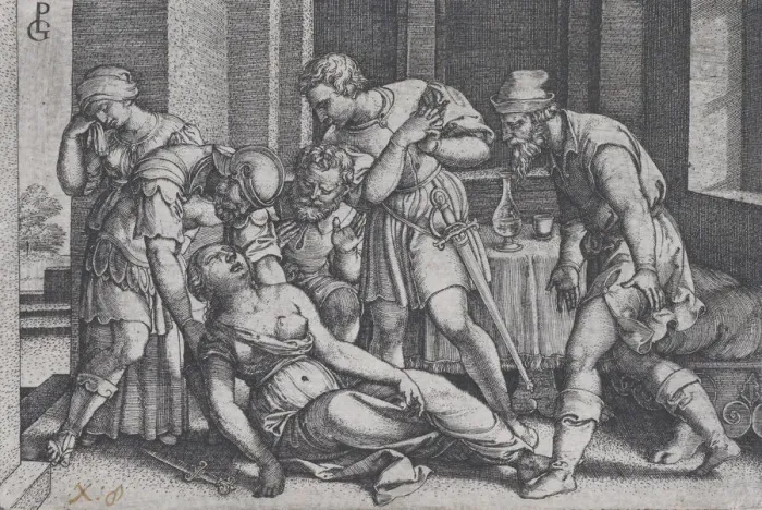 Framed Print : Suicide of Lucretia, from Scenes from Roman History. Creator: Georg Pencz Framed Print : Suicide of Lucretia, from Scenes from Roman History. Creator: Georg Pencz