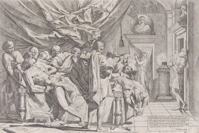 Framed Print : The suicide of the philosopher Cato, who lies on his bed pulling out his innards watched Framed Print : The suicide of the philosopher Cato, who lies on his bed pulling out his innards watched