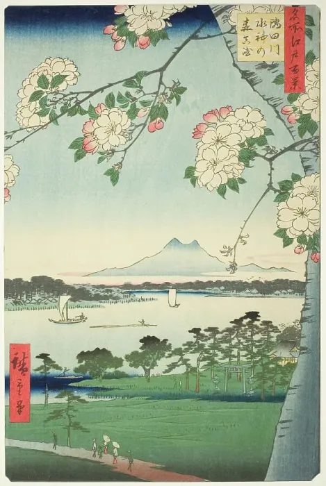 Framed Print : Suijin Shrine and Massaki on the Sumida River (Sumidagawa Suijin no mori Massaki), from th... 1856. Creator: Ando Hiroshige Framed Print : Suijin Shrine and Massaki on the Sumida River (Sumidagawa Suijin no mori Massaki), from th... 1856. Creator: Ando Hiroshige