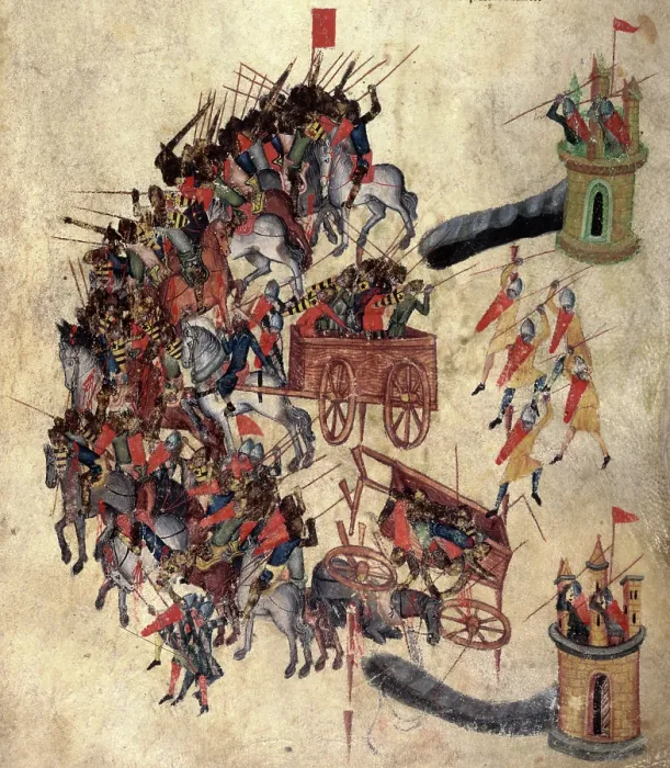 Framed Print : Sulla's defences against scythe-bearing chariots, late 14th century. Creator: Unknown. Sulla's defences against scythe-bearing chariots, late 14th century. Creator: Unknown Framed Print : Sulla's defences against scythe-bearing chariots, late 14th century. Creator: Unknown. Sulla's defences against scythe-bearing chariots, late 14th century. Creator: Unknown