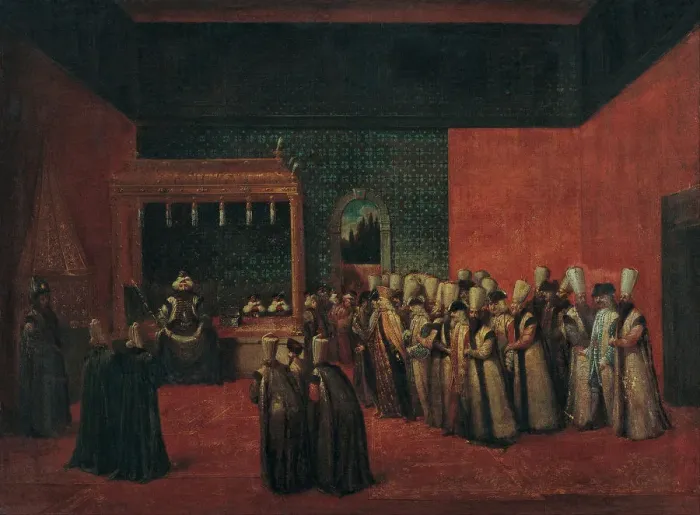 Framed Print : Sultan Ahmed III Receiving a European Ambassador, 1720s. Artist: Vanmour (Van Mour), Jean-Baptiste (1671-1737) Framed Print : Sultan Ahmed III Receiving a European Ambassador, 1720s. Artist: Vanmour (Van Mour), Jean-Baptiste (1671-1737)