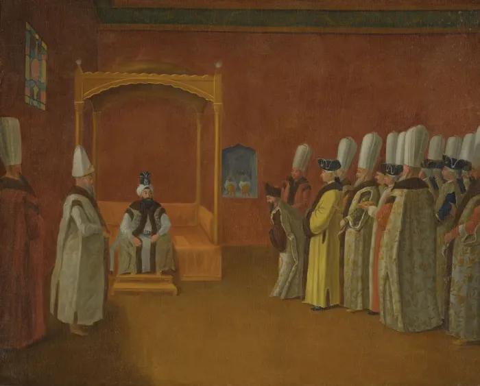 Framed Print : Sultan Ahmed III Receiving a European Ambassadorial Delegation at the Topkapi Palace Framed Print : Sultan Ahmed III Receiving a European Ambassadorial Delegation at the Topkapi Palace