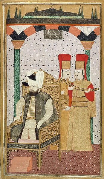 Sultan Mehmet III (reigned 1595-1603) Enthroned, Attended by Two Janissaries, c1600. Creator: Unknown