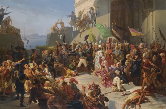 Framed Print : Sultan Selim III visiting General Sebastiani during the defence of Constantinople against the Britis Framed Print : Sultan Selim III visiting General Sebastiani during the defence of Constantinople against the Britis
