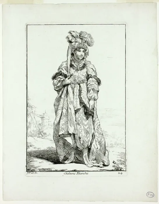 Framed Print : Sultane Blanche, plate 24 from Caravanne du Sultan à la Mecque, 1748. Creator: Joseph-Marie Vien the Elder Framed Print : Sultane Blanche, plate 24 from Caravanne du Sultan à la Mecque, 1748. Creator: Joseph-Marie Vien the Elder