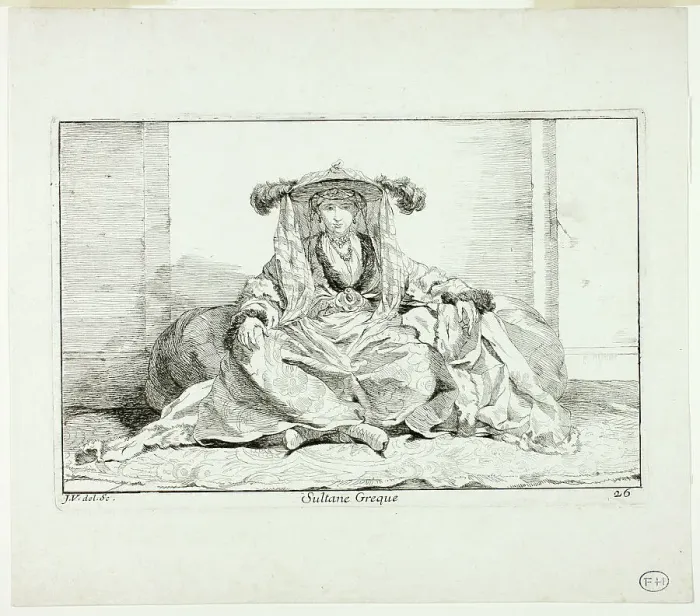 Framed Print : Sultane Grecque, plate 26, from Caravanne du Sultan à la Mecque, 1748. Creator: Joseph-Marie Vien the Elder Framed Print : Sultane Grecque, plate 26, from Caravanne du Sultan à la Mecque, 1748. Creator: Joseph-Marie Vien the Elder