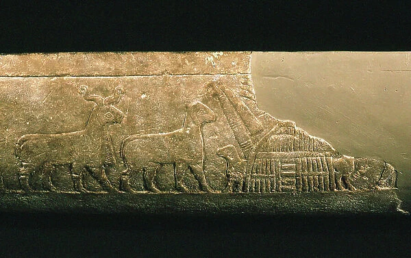 Sumerian reed house. Detail of the Uruk Trough, 3300-3000 BC. Creator: Sumerian culture
