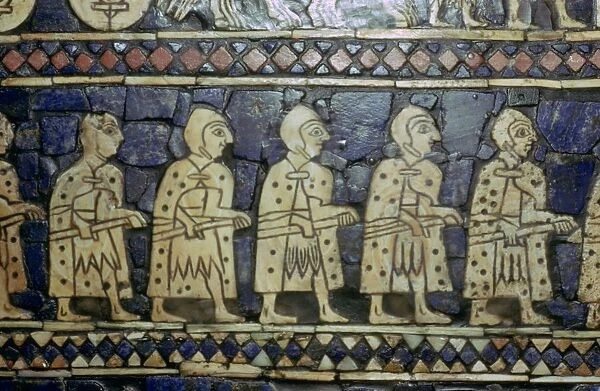 Detail of Sumerian soldiers from the Royal Standard of Ur, about 2600-2400 BC