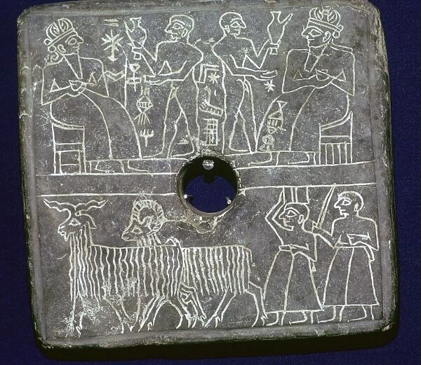 Sumerian stone plaque showing ritual offerings to a King