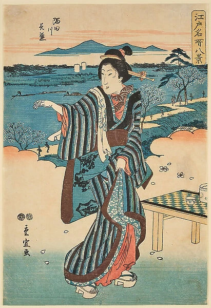 Sumidagawa hanazakiri (The Sumida River in Bloom), from the series: 'Edo meisho..., 1851-1853. Creator: Hiroshige II., Utagawa (1826-1869). Sumidagawa hanazakiri (The Sumida River in Bloom), from the series: 'Edo meisho..., 1851-1853
