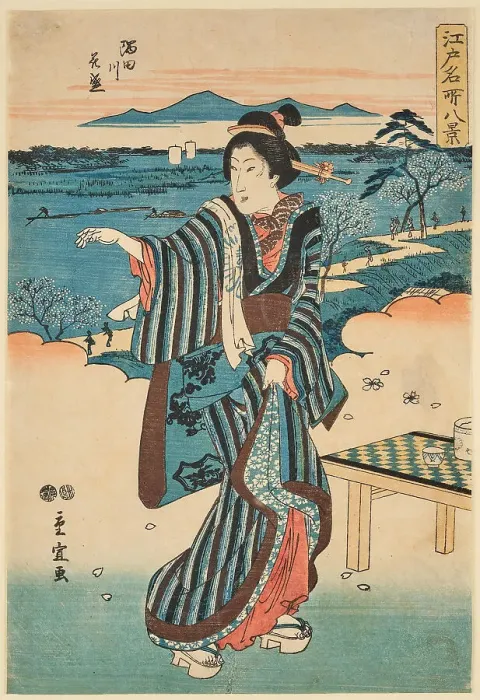 Framed Print : Sumidagawa hanazakiri (The Sumida River in Bloom), from the series: Edo meisho... 1851-1853. Creator: Hiroshige II. Utagawa (1826-1869). Sumidagawa hanazakiri (The Sumida River in Bloom), from the series: Edo meisho... 1851-1853 Framed Print : Sumidagawa hanazakiri (The Sumida River in Bloom), from the series: Edo meisho... 1851-1853. Creator: Hiroshige II. Utagawa (1826-1869). Sumidagawa hanazakiri (The Sumida River in Bloom), from the series: Edo meisho... 1851-1853