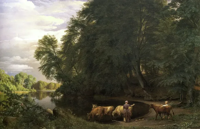 Framed Print : Summer afternoon by a lake, 1859. Creator: Peter Christian Thamsen Skovgaard Framed Print : Summer afternoon by a lake, 1859. Creator: Peter Christian Thamsen Skovgaard