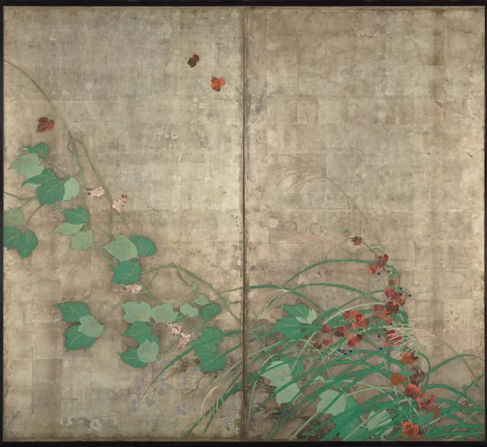 Framed Print : Summer and autumn flower plants. (Part of the pair of two-fold screens). Artist: Hoitsu, Sakai (1761-1828) Framed Print : Summer and autumn flower plants. (Part of the pair of two-fold screens). Artist: Hoitsu, Sakai (1761-1828)