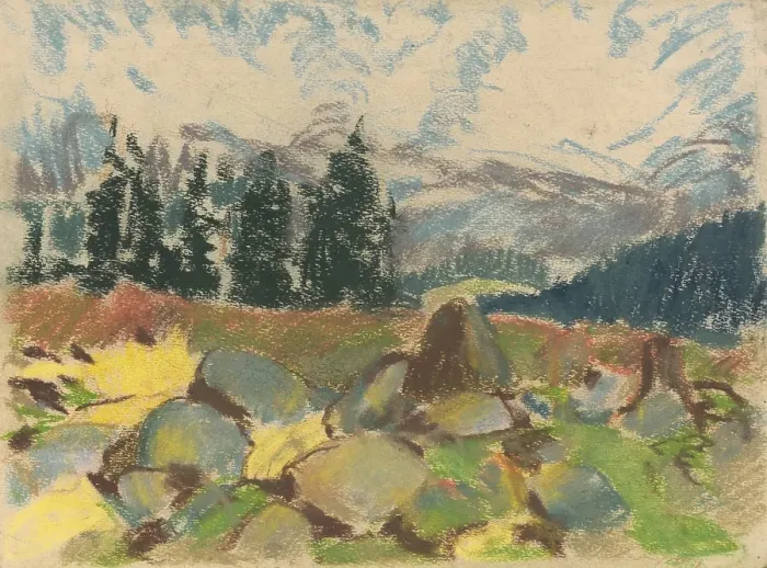 Framed Print : Summer day on a rocky forest clearing, around 1934. Creator: Zolo Palugyay Framed Print : Summer day on a rocky forest clearing, around 1934. Creator: Zolo Palugyay