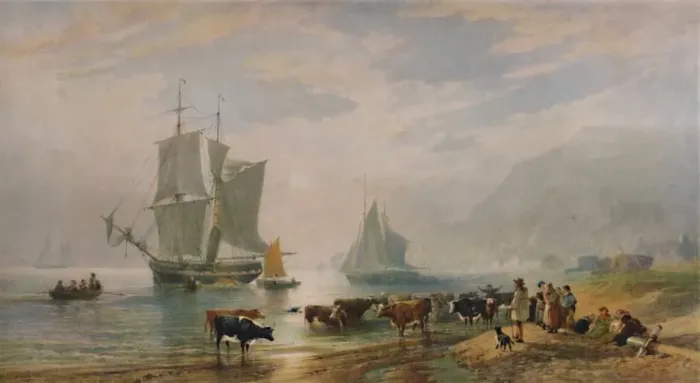 Framed Print : A Summer Evening: Landing Cattle, 1858, (1935). Artist: Edward Duncan Framed Print : A Summer Evening: Landing Cattle, 1858, (1935). Artist: Edward Duncan
