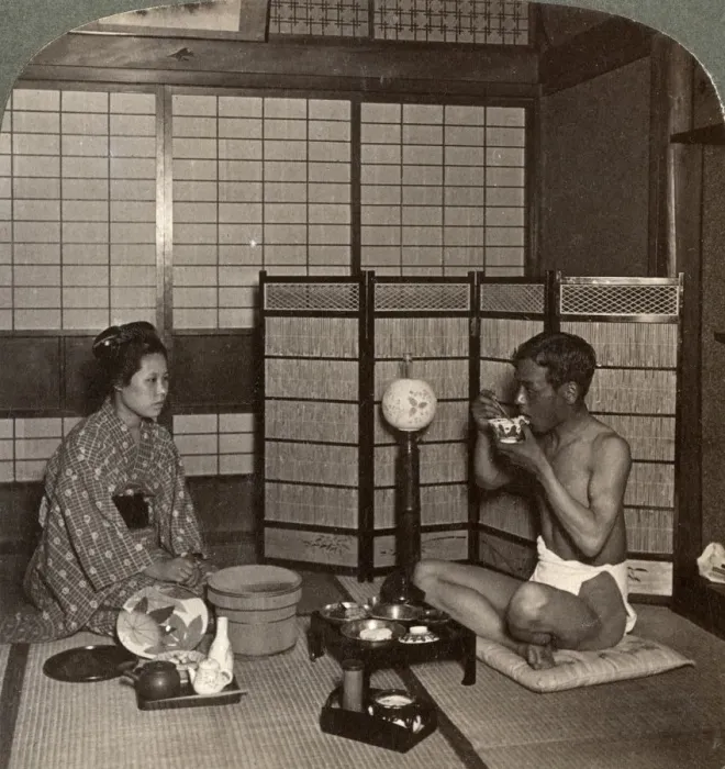 Framed Print : Summer evening meal at a hotel, Hiroshima, Japan, 1904. Artist: Underwood & Underwood Framed Print : Summer evening meal at a hotel, Hiroshima, Japan, 1904. Artist: Underwood & Underwood