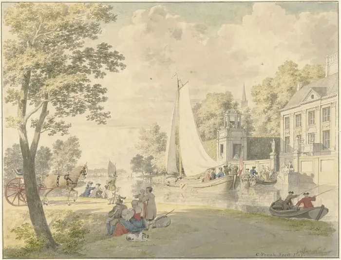 Framed Print : Summer scene with pleasure boats in the countryside, 1748. Creator: Cornelis Pronk Framed Print : Summer scene with pleasure boats in the countryside, 1748. Creator: Cornelis Pronk