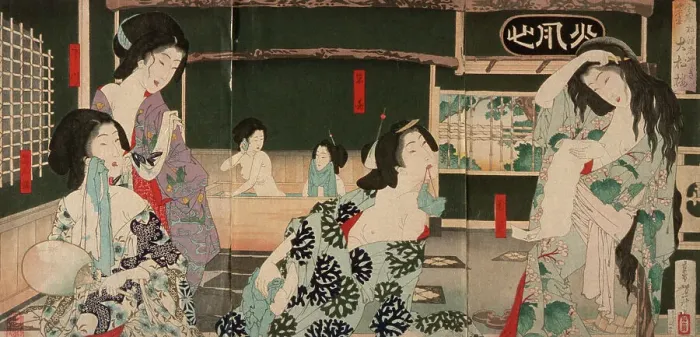 Framed Print : Summer: Women Bathing at the Daishoro, 1883. Creator: Tsukioka Yoshitoshi Framed Print : Summer: Women Bathing at the Daishoro, 1883. Creator: Tsukioka Yoshitoshi