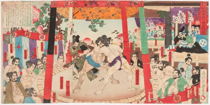 Framed Print : Sumo performed before Hideyoshi and Kato Kiyemasa, 1884 Framed Print : Sumo performed before Hideyoshi and Kato Kiyemasa, 1884