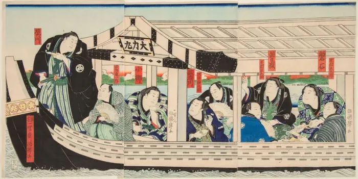 Framed Print : Sumo Wrestler Dairiki Maru on a boat with friends, 1864 Framed Print : Sumo Wrestler Dairiki Maru on a boat with friends, 1864