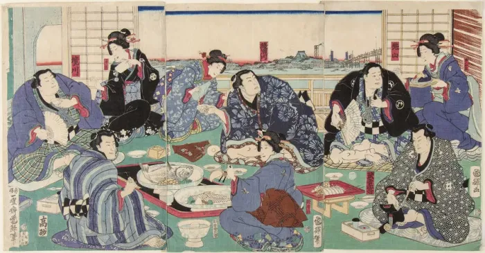 Framed Print : Sumo wrestler Sakaigawa Namiemon (to the left), with other sumo wrestlers and geishas at a party Framed Print : Sumo wrestler Sakaigawa Namiemon (to the left), with other sumo wrestlers and geishas at a party