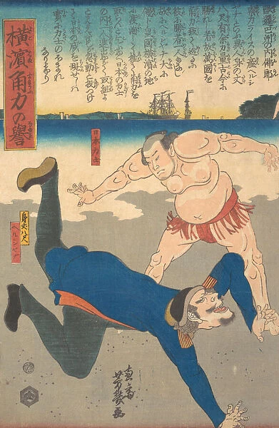 Sumo Wrestler Tossing a Foreigner, 1st month, 1861. Creator: Utagawa Yoshiiku