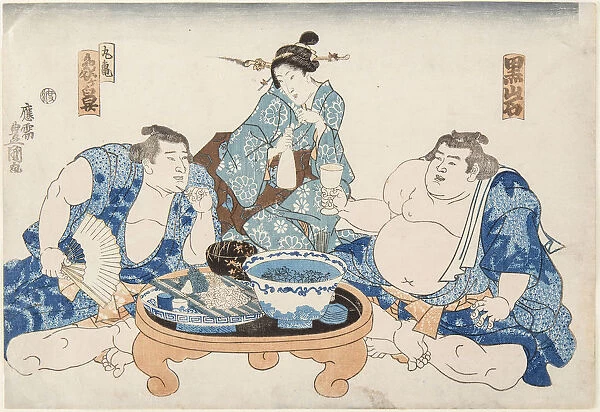 Sumo Wrestlers Kuroiwa and Zogahana with a geisha, ca 1845